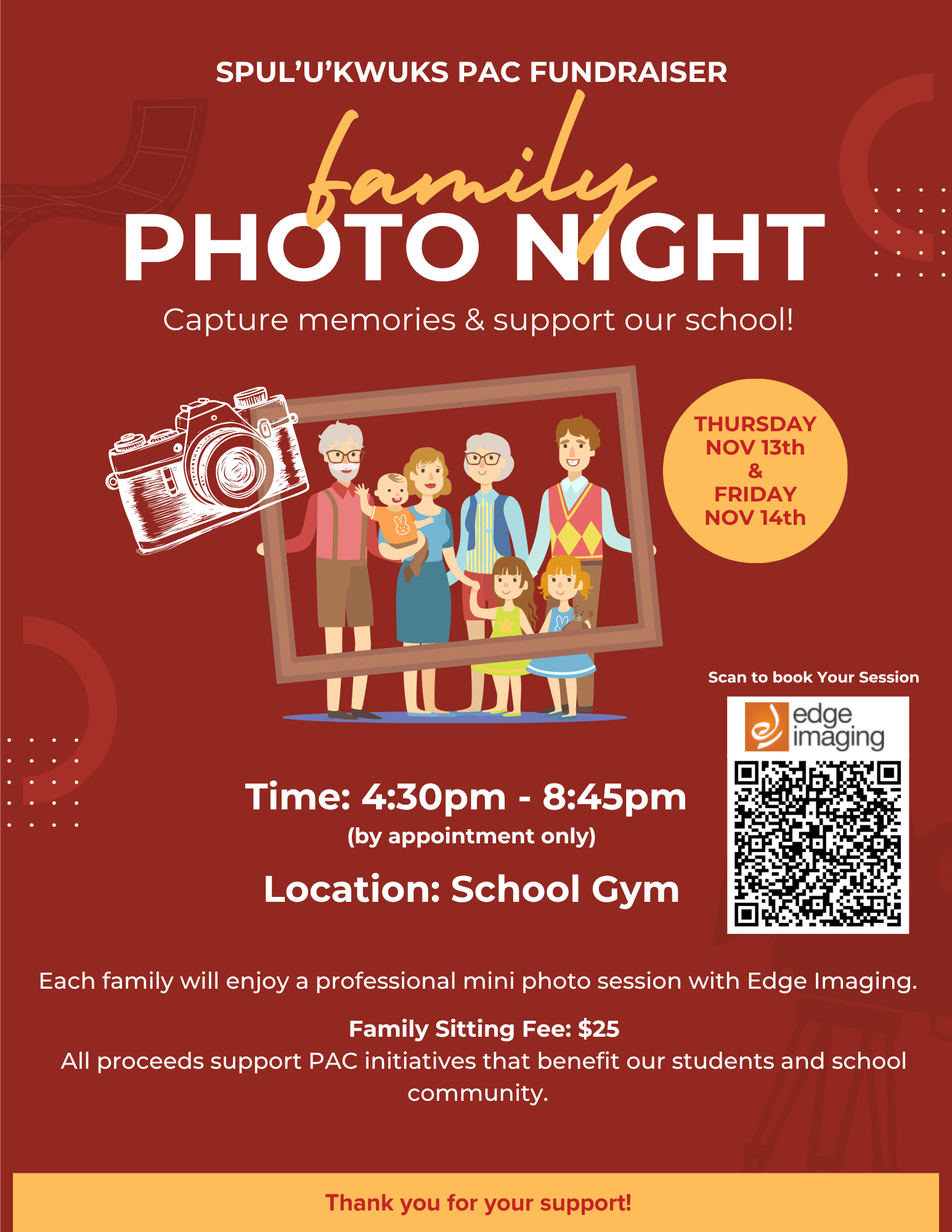 Spul'u'kwuks Elementary School Family Photo Night Event Poster - November 13-14, 2025