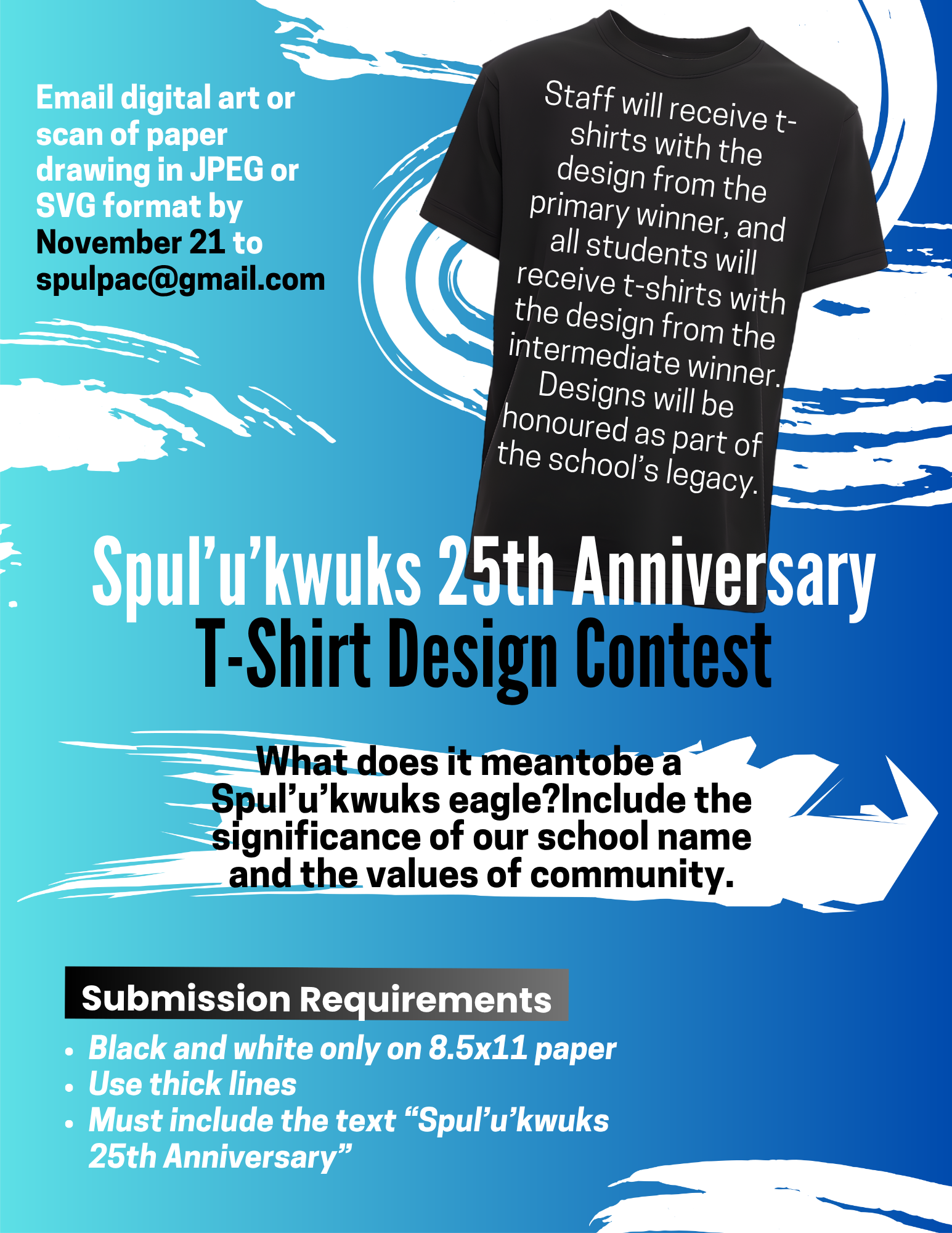 Spul'u'kwuks Elementary School 25th Anniversary T-Shirt Design Contest Poster - November 12-21, 2025